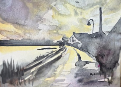 Aquarellbild mit  abstrahierten Booten im Hafen in der Nacht mit bunten Lichtern und Reflexen auf dem Wasser